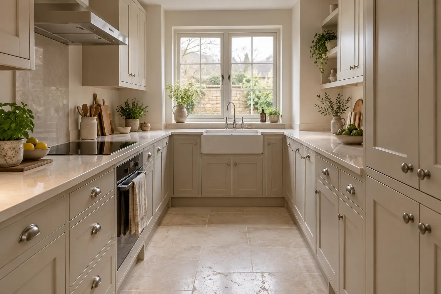 Pale mushroom cabinets in a compact kitchen with soft window light