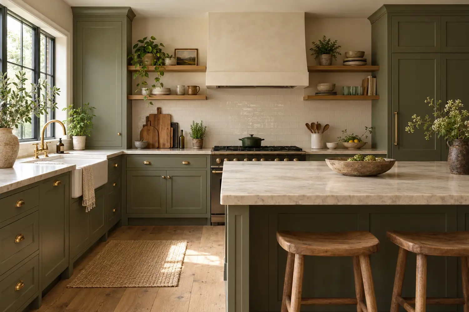 Muted olive green cabinetry with cream backsplash and warm stone