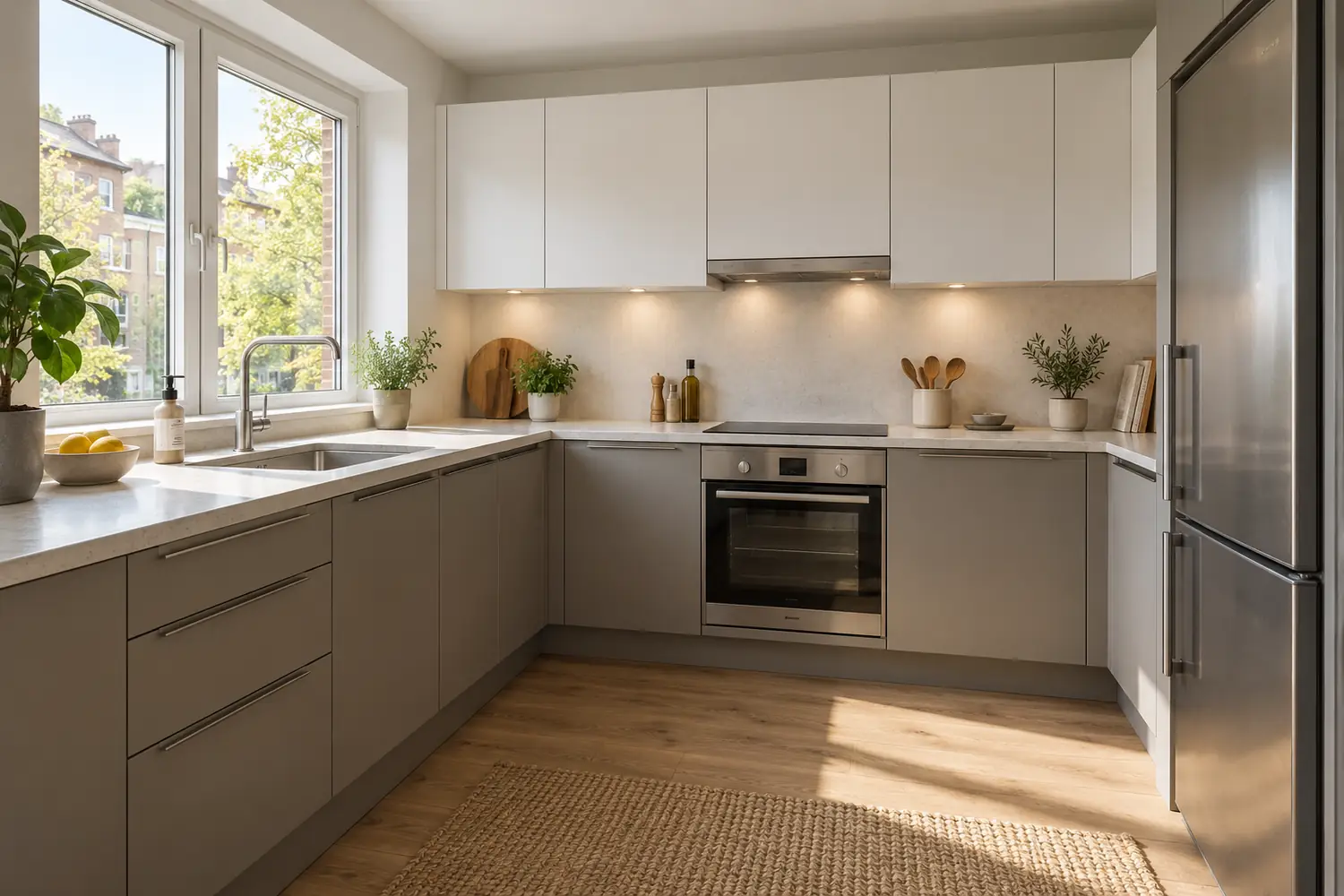 Compact L-shaped kitchen with flat gray and white cabinet fronts