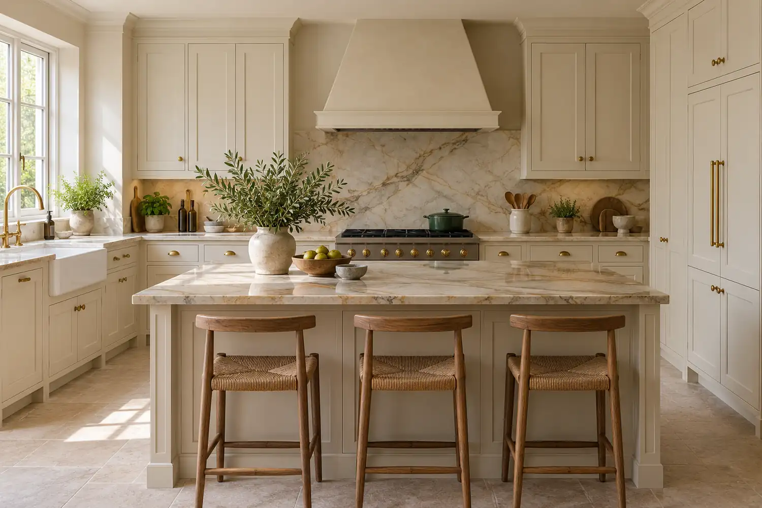 Transitional cream kitchen cabinetry with warm stone and aged brass hardware