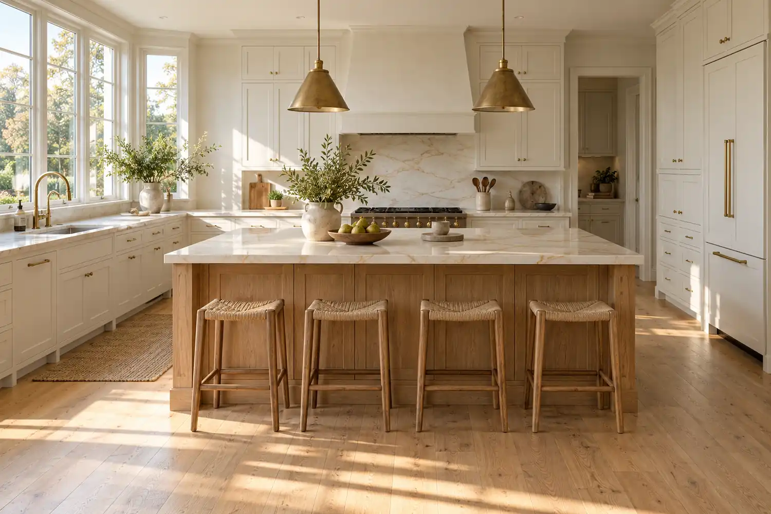 Warm white kitchen cabinets with an oak island and creamy veined stone