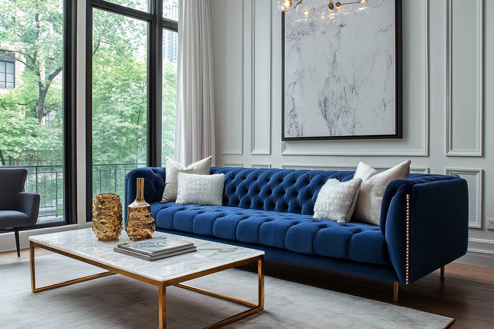 Blue velvet sofa