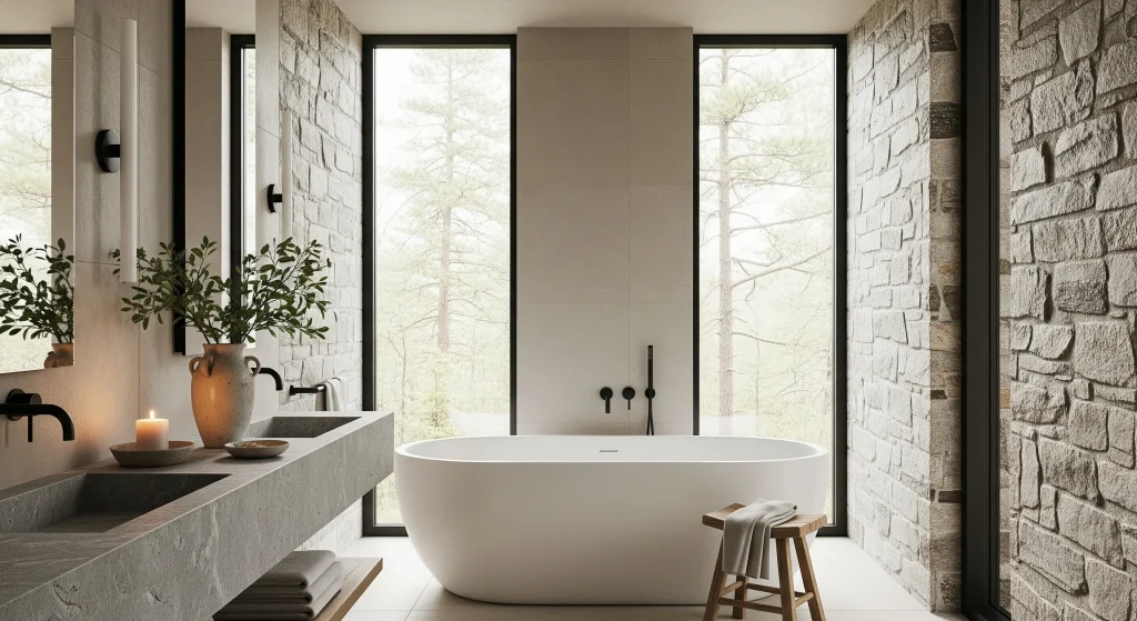 Renovated bathroom with coordinated vanity, tile, lighting and fixtures