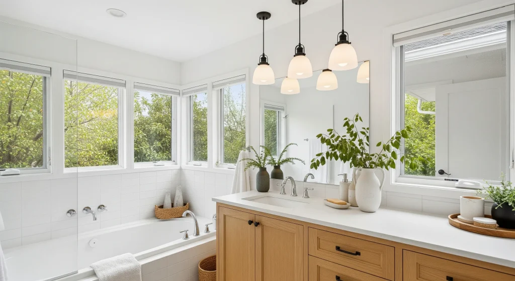 Layered bathroom lighting with task, ambient and low-level night light planning
