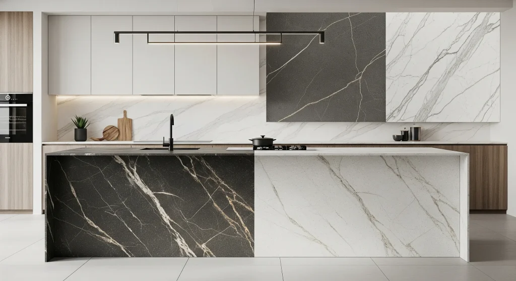 Large-format porcelain countertop with coordinated veining and edge detail