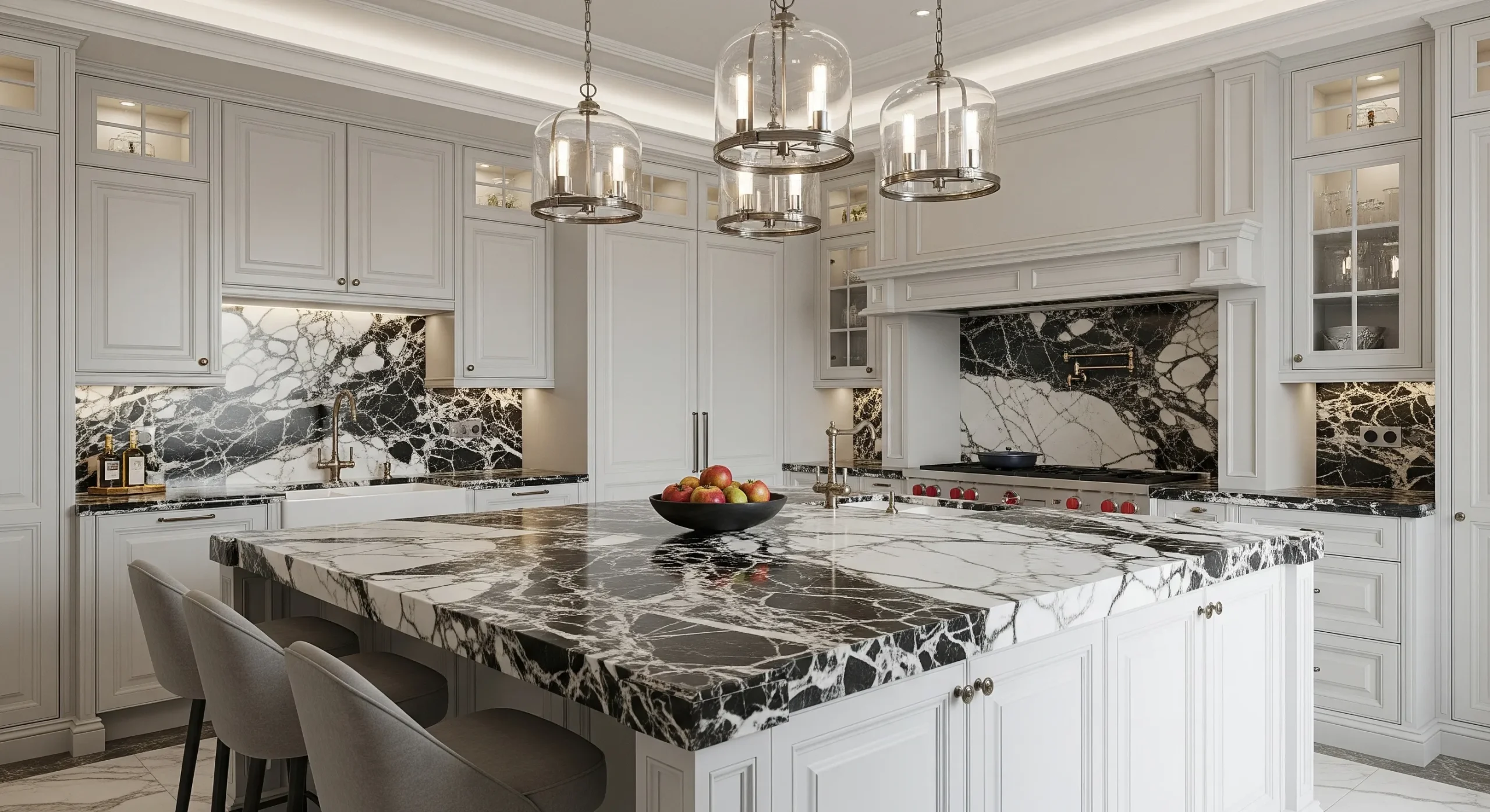 Kitchen countertop and cabinet materials coordinated in a traditional kitchen
