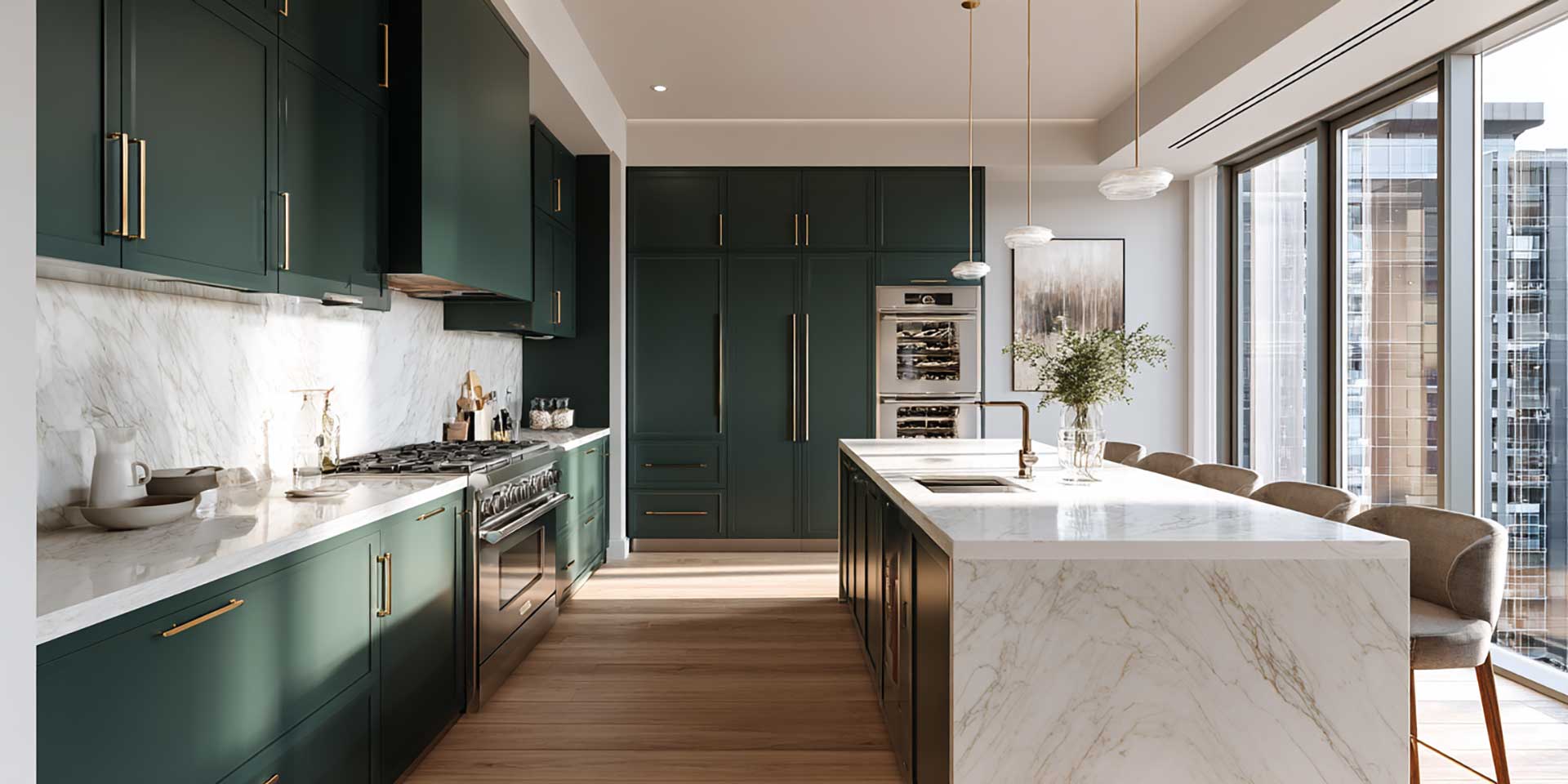 Deep green kitchen cabinets paired with warm wood and light countertops