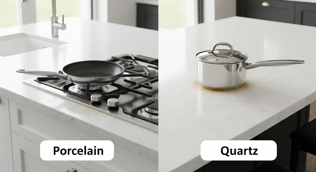 Heat performance comparison for porcelain and quartz countertops