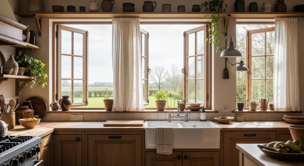 Kitchen window coordinated with countertop faucet and cabinet dimensions