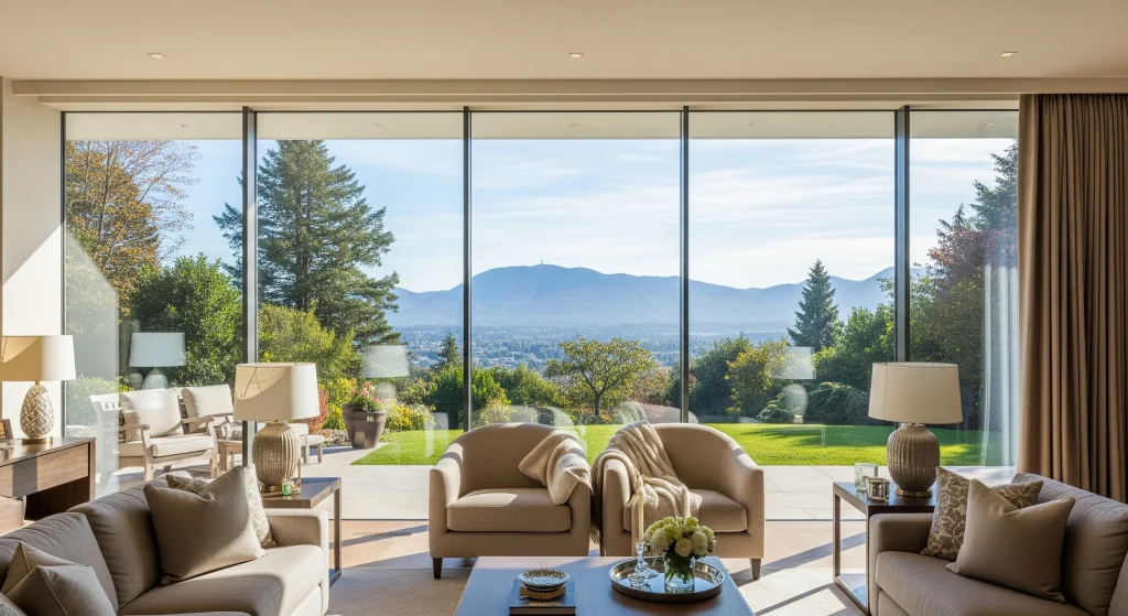 Large picture windows planned for a bright luxury living room