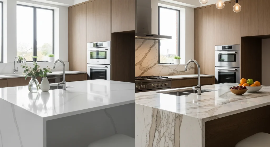 Porcelain and quartz countertop surfaces compared in a modern kitchen