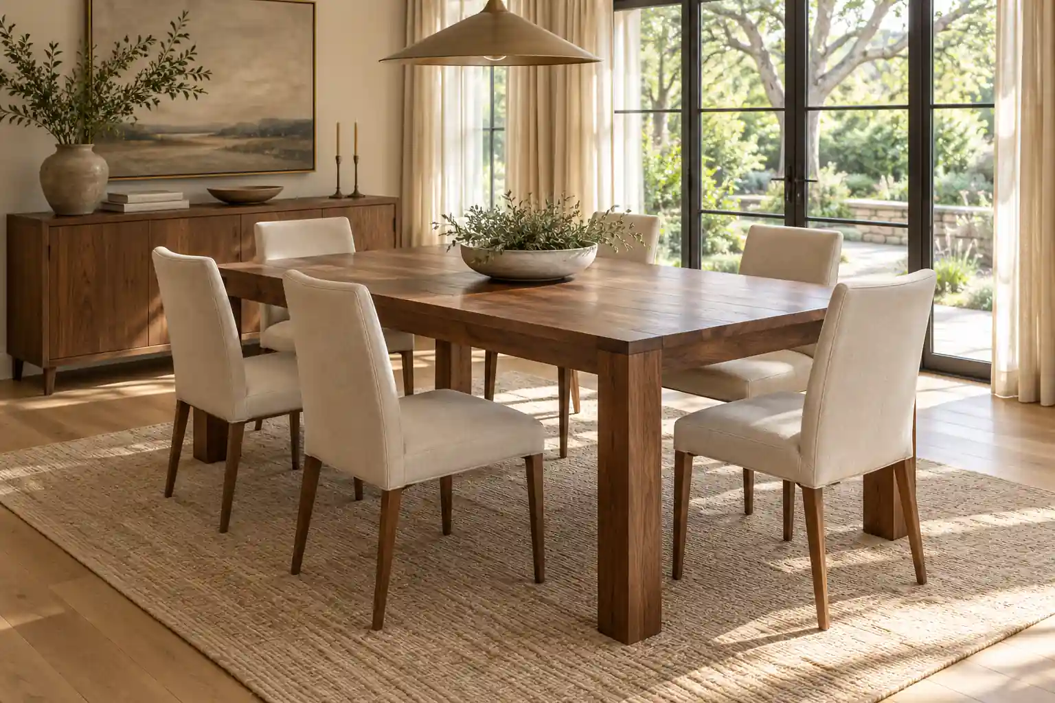 Walnut dining table with cream upholstered chairs in a naturally lit dining room