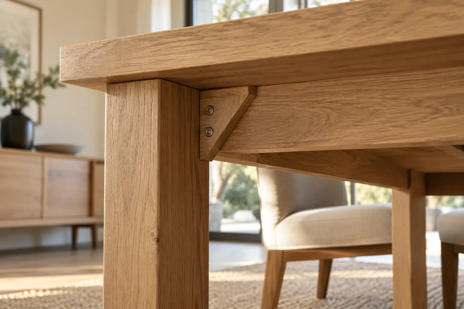 Close view of a wood dining-table leg, apron and metal connection bracket