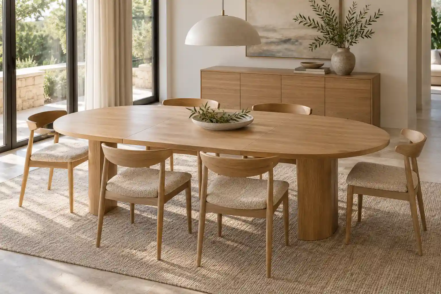 Extended oval oak dining table with six upholstered chairs