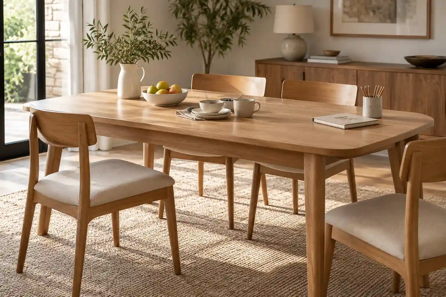 Warm wood dining table with practical upholstered chairs in a family dining room
