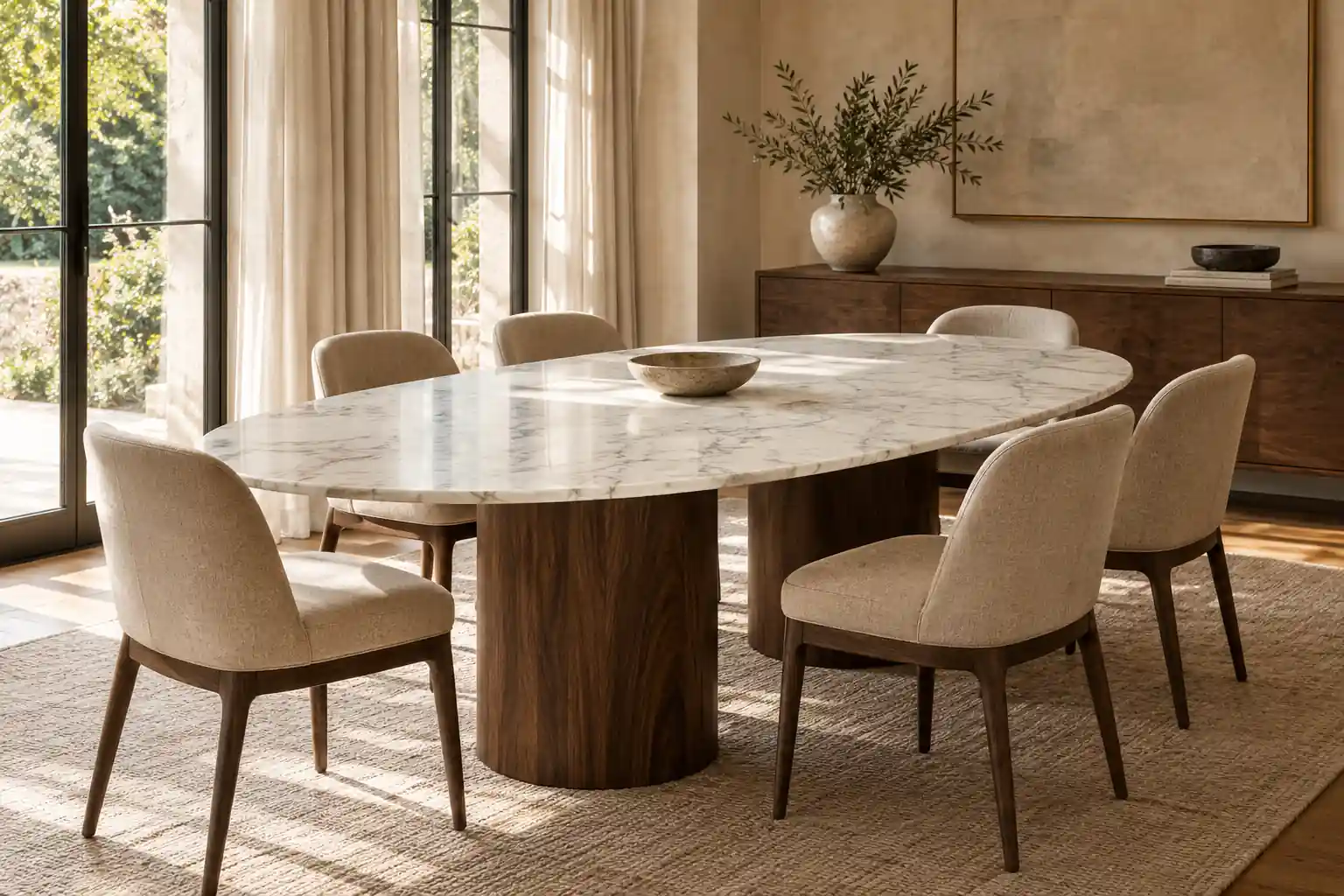 White marble dining table with softly upholstered chairs and natural daylight