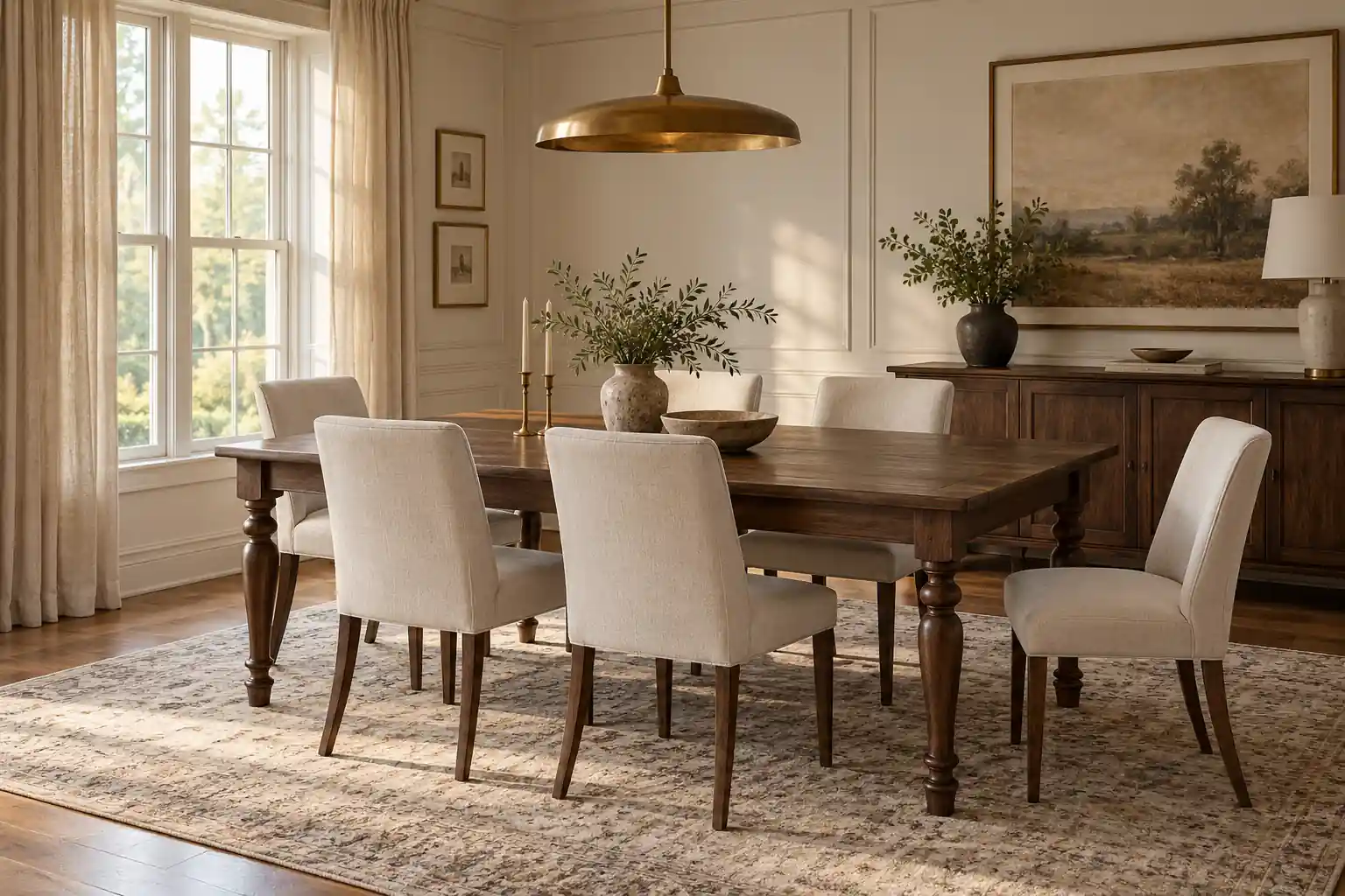 Wood dining table with mixed complementary chairs in a layered dining room