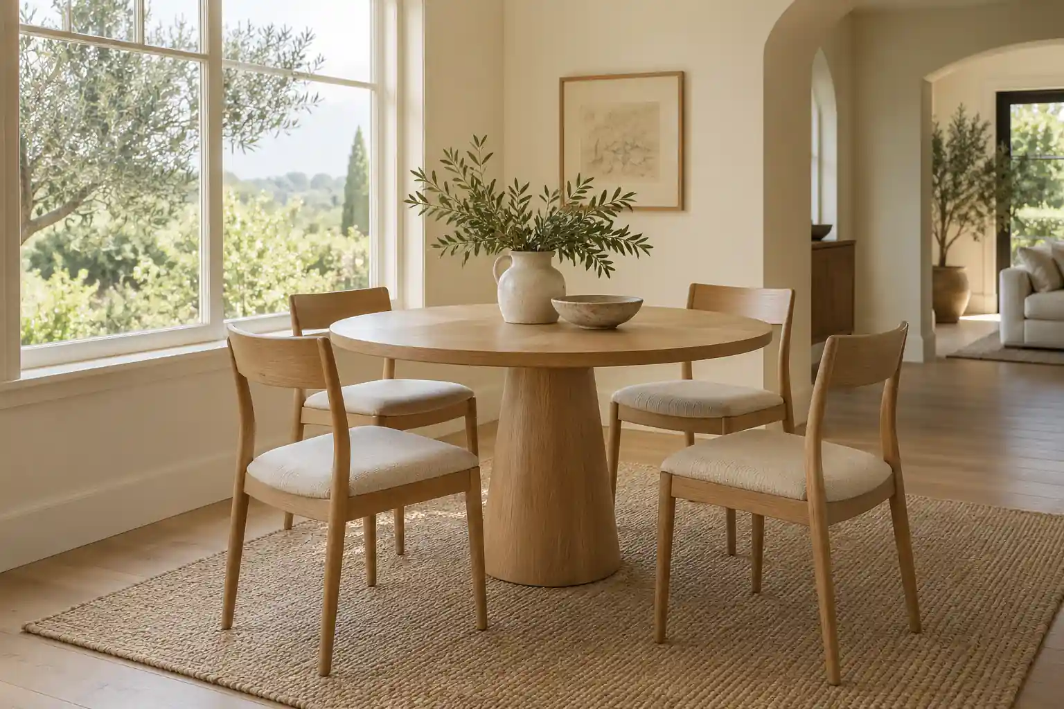 Round wood pedestal dining table with four chairs in a bright dining area
