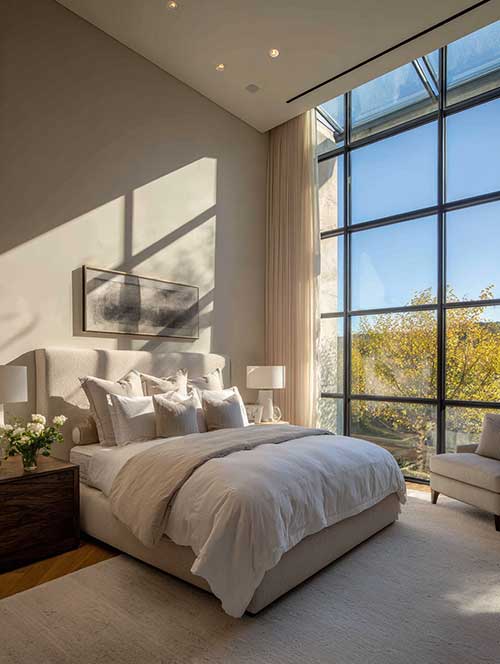 high-end modern American master bedroom featuring a combination of large fixed windows and aluminum awning windows on the main wall; slim matte-black aluminum frames, big fixed glass panels for the view, with smaller 48" × 30" aluminum awning windows integrated below or above, hinged at the top and pushed outward from the bottom to clearly show the awning opening style. Clear low-E glass, soft natural daylight flooding the room. Interior: king-size bed with neutral luxury bedding, upholstered headboard, elegant bedside tables with lamps, light curtains framing the window wall, warm wood or soft carpet flooring, calm beige/gray walls, minimal upscale décor — all slightly softened so the window combination is the main visual focus. Photographic realism, bright gentle lighting, 8K ultra-detailed, professional architectural interior photography style