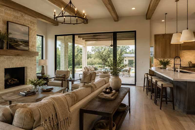 Hill Country home with limestone and warm wood beams