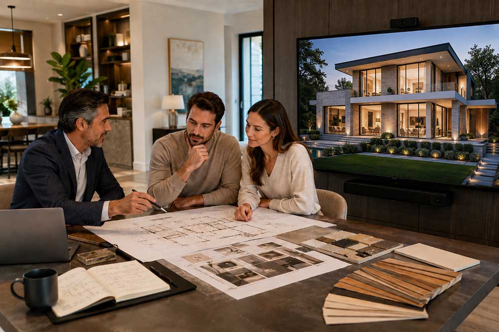 Interior design planning for a new construction home with coordinated finishes and furniture