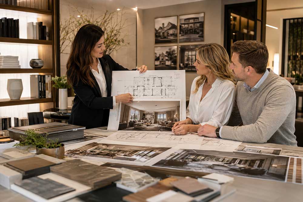 Whole house kitchen and living room design coordinated during architectural planning