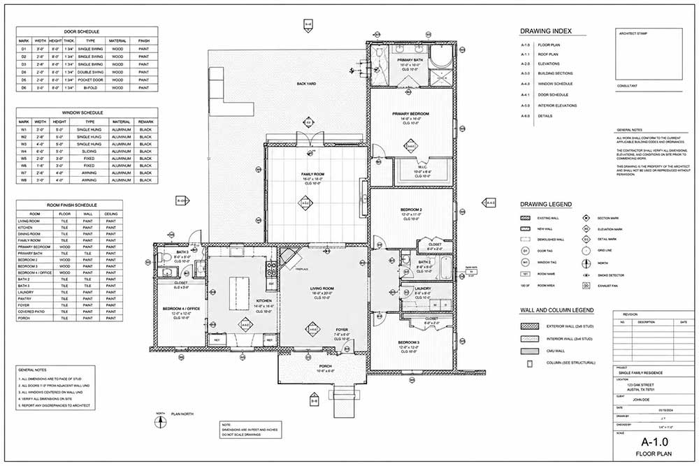 Architectural floor plans and material samples prepared for interior design