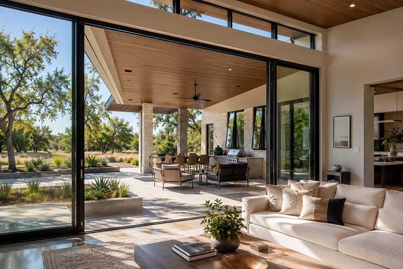 climate-responsive Texas home with deep roof overhangs