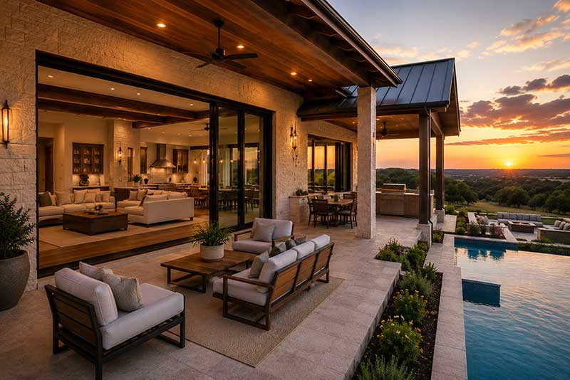 covered patio with outdoor kitchen and pool connection in Texas
