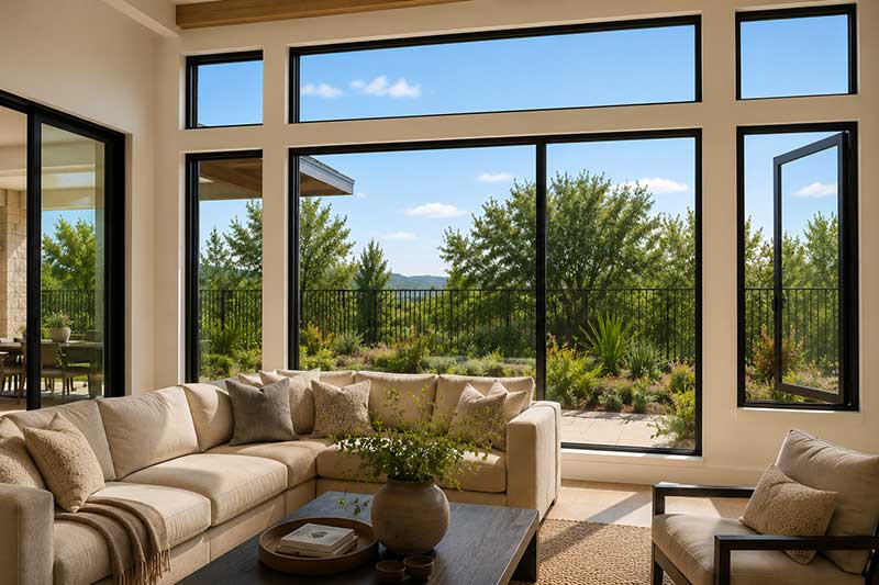 black aluminum windows in a modern Texas ranch home