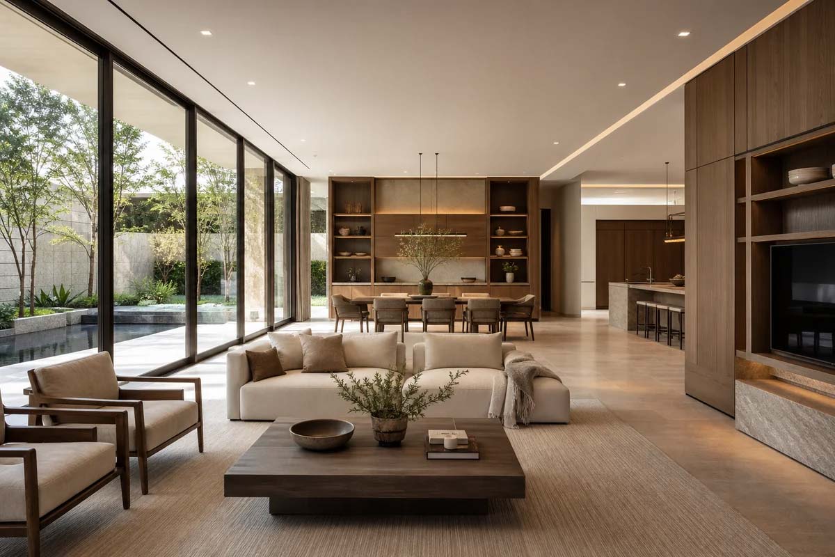 Luxury home design with warm stone and wood