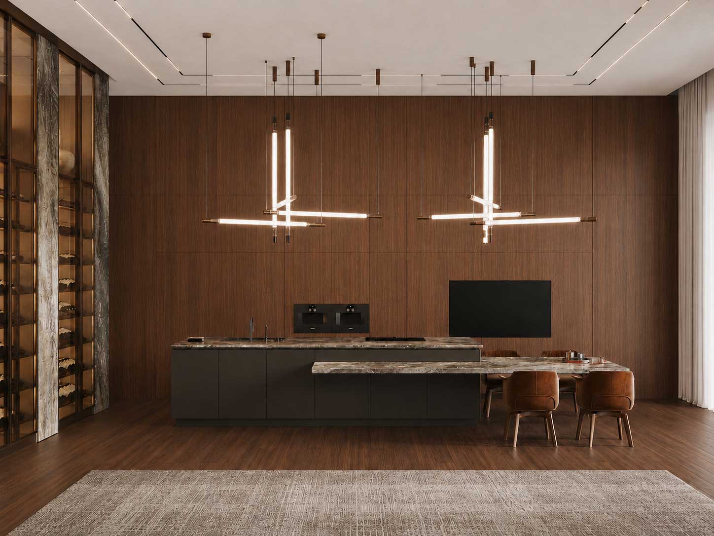Walnut door-wall cabinet system