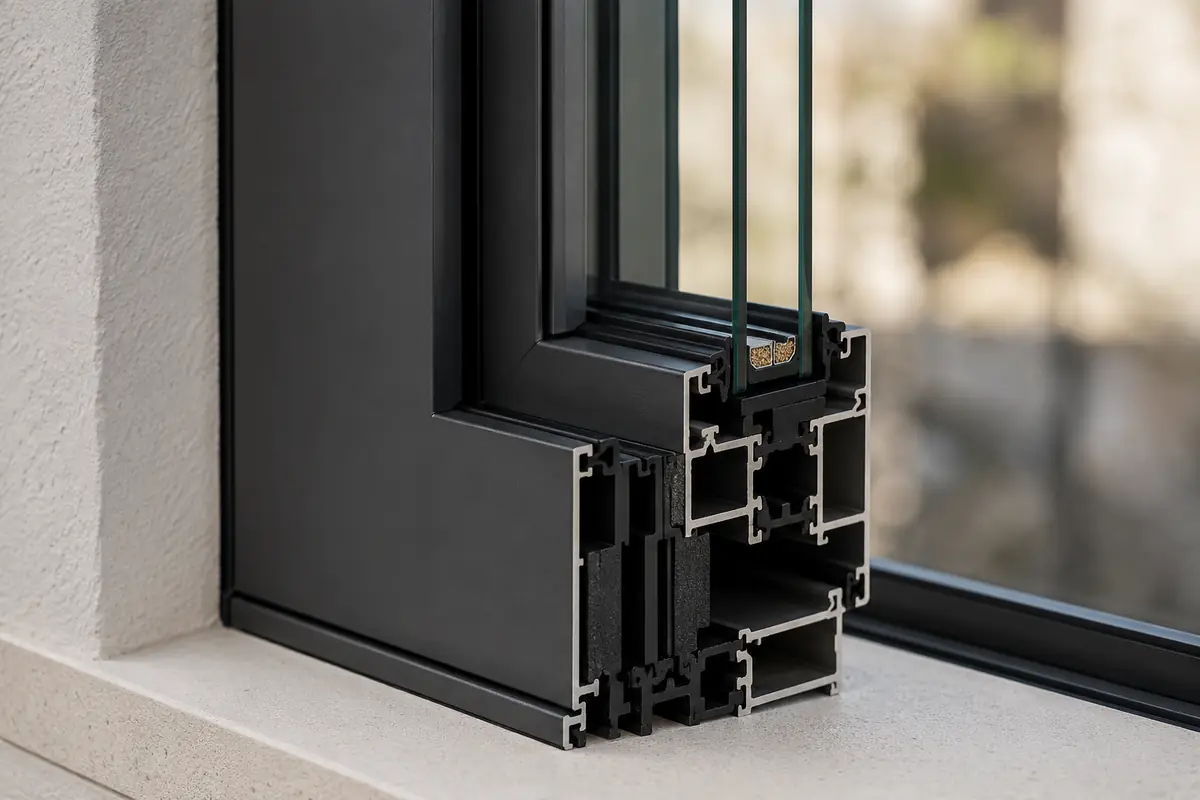 Close-up of an aluminum window profile with a polymer thermal barrier and insulated glass
