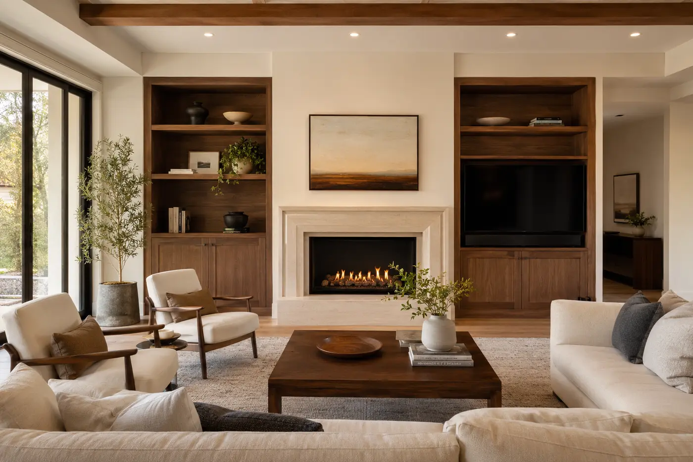 Living room focal wall balancing a fireplace television and built-in cabinetry