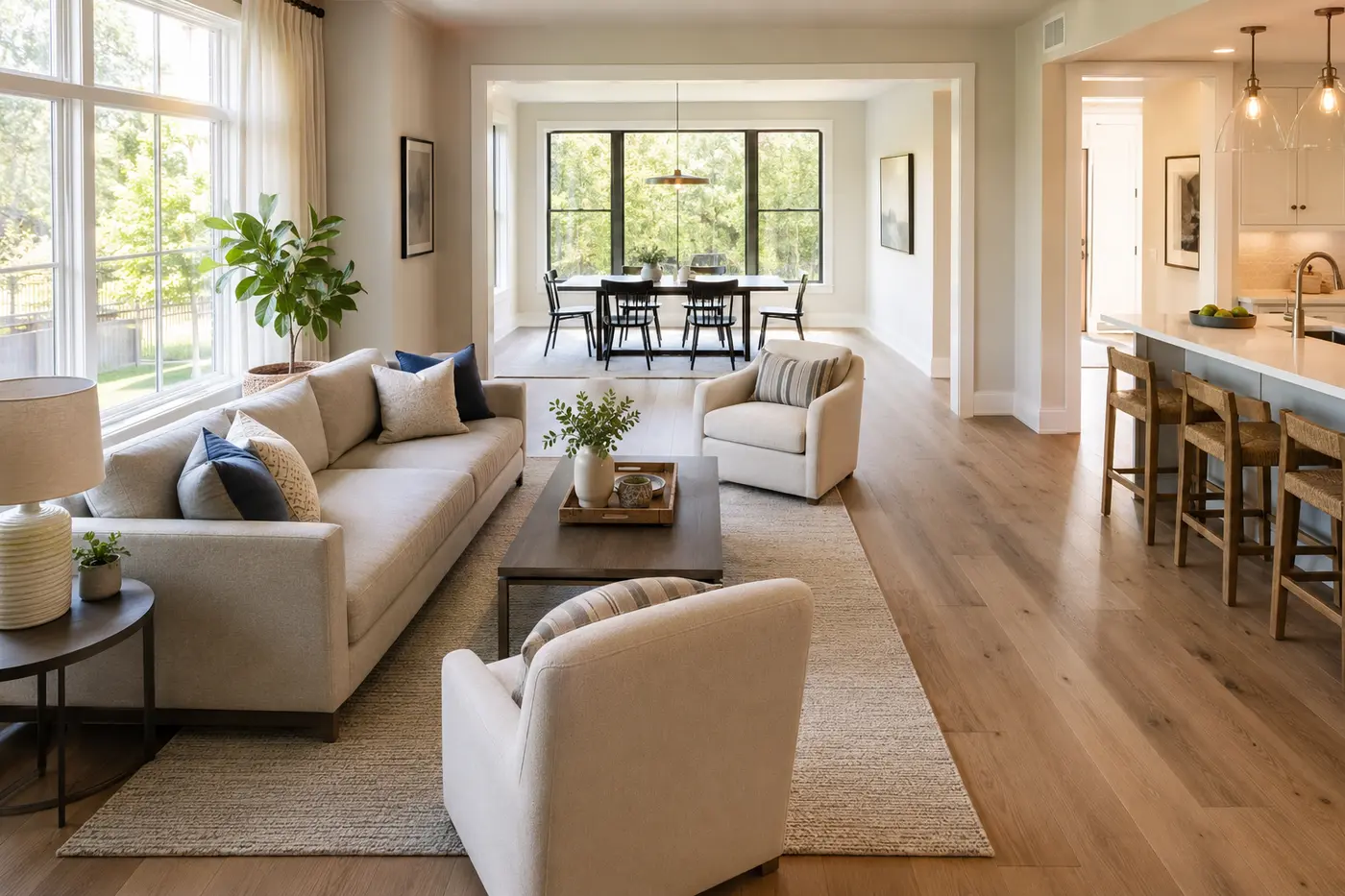 Living room furniture arrangement with a clear walkway behind the seating