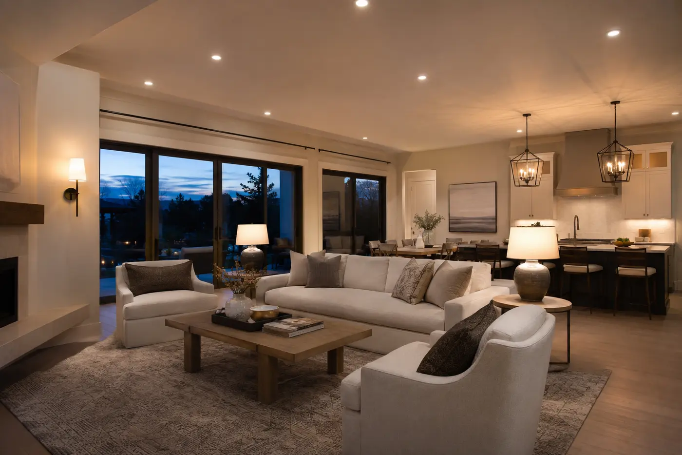 Open-concept living room with layered ambient task and decorative lighting