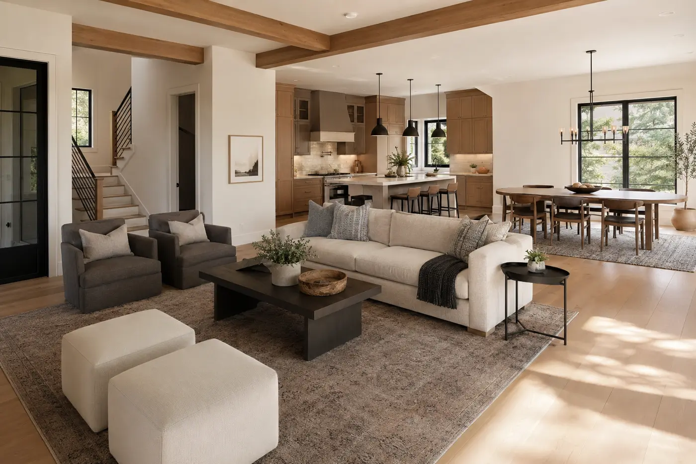 Open-plan living dining and kitchen zones defined with rugs and lighting