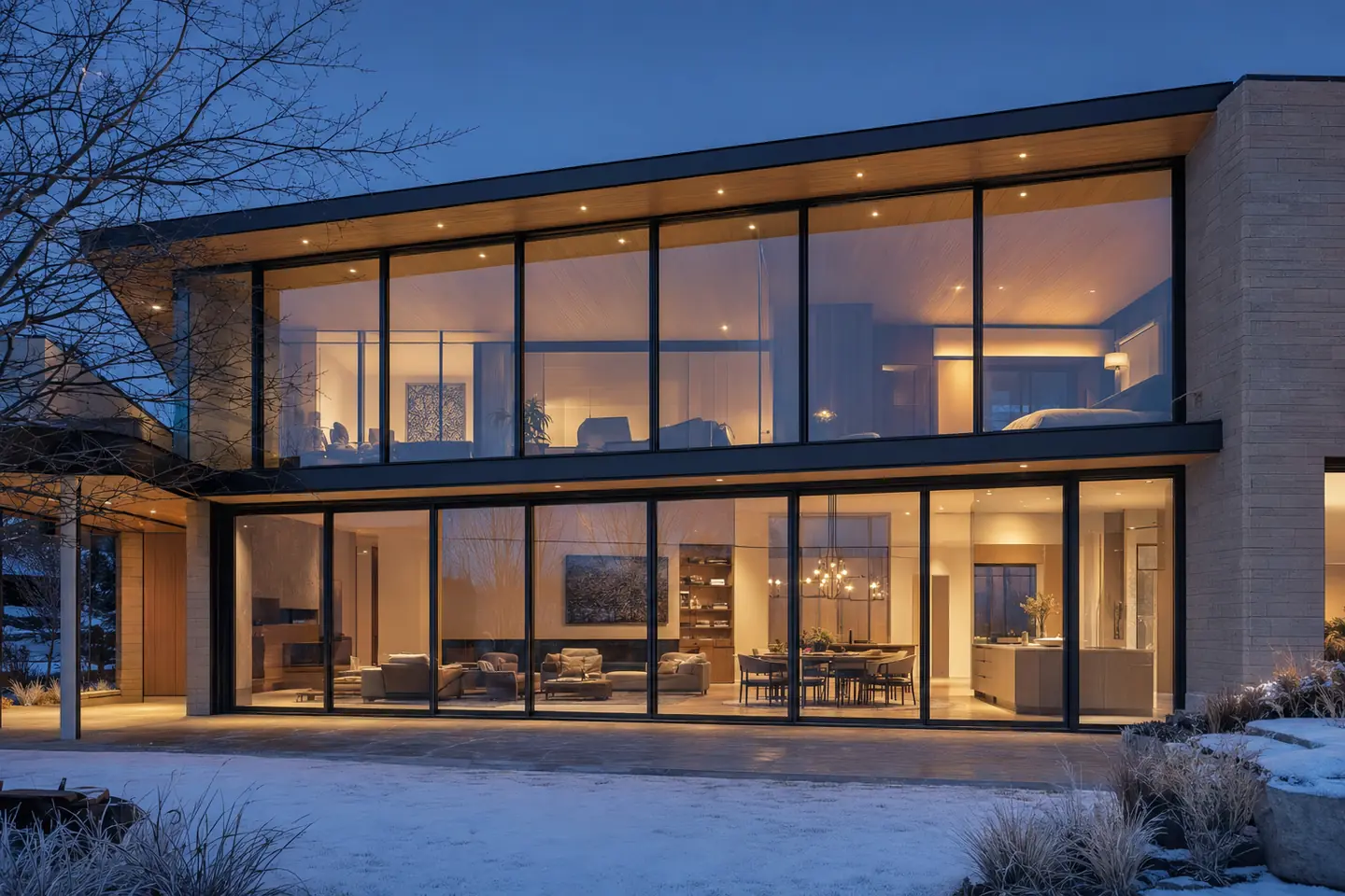 Modern U.S. luxury home with large thermally broken aluminum windows in winter