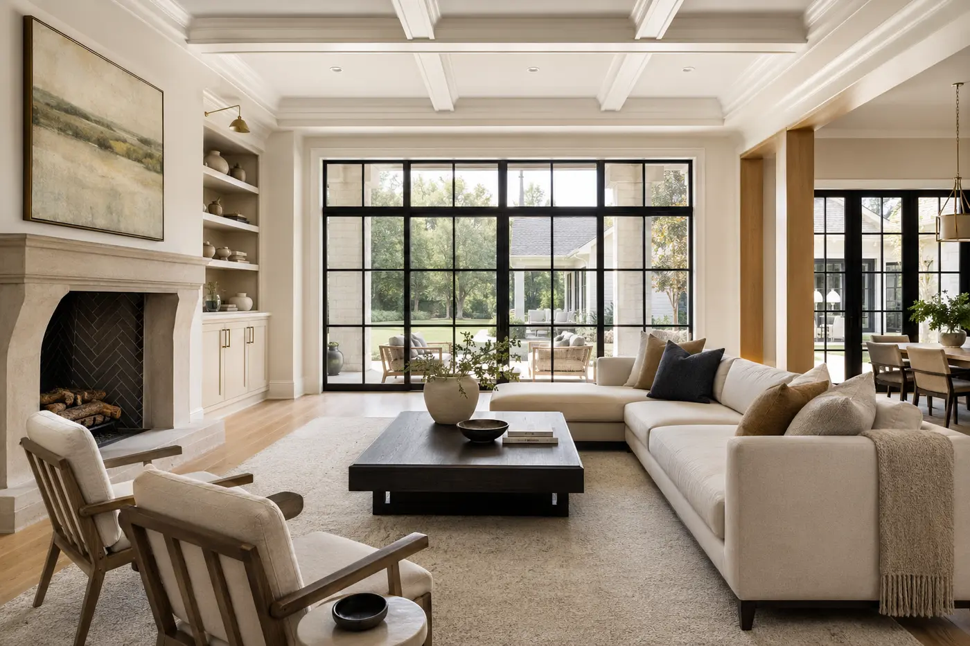 Transitional living room with white oak and restrained traditional millwork