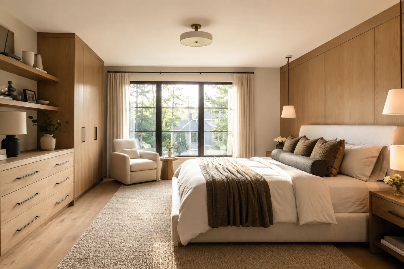 Warm neutral transitional bedroom with layered fabric and natural wood