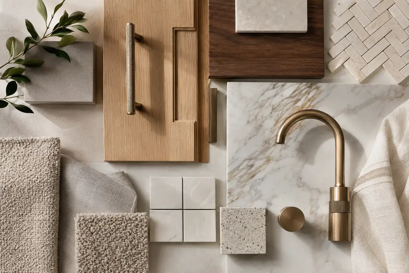Coordinated transitional home material palette with oak stone fabric and metal