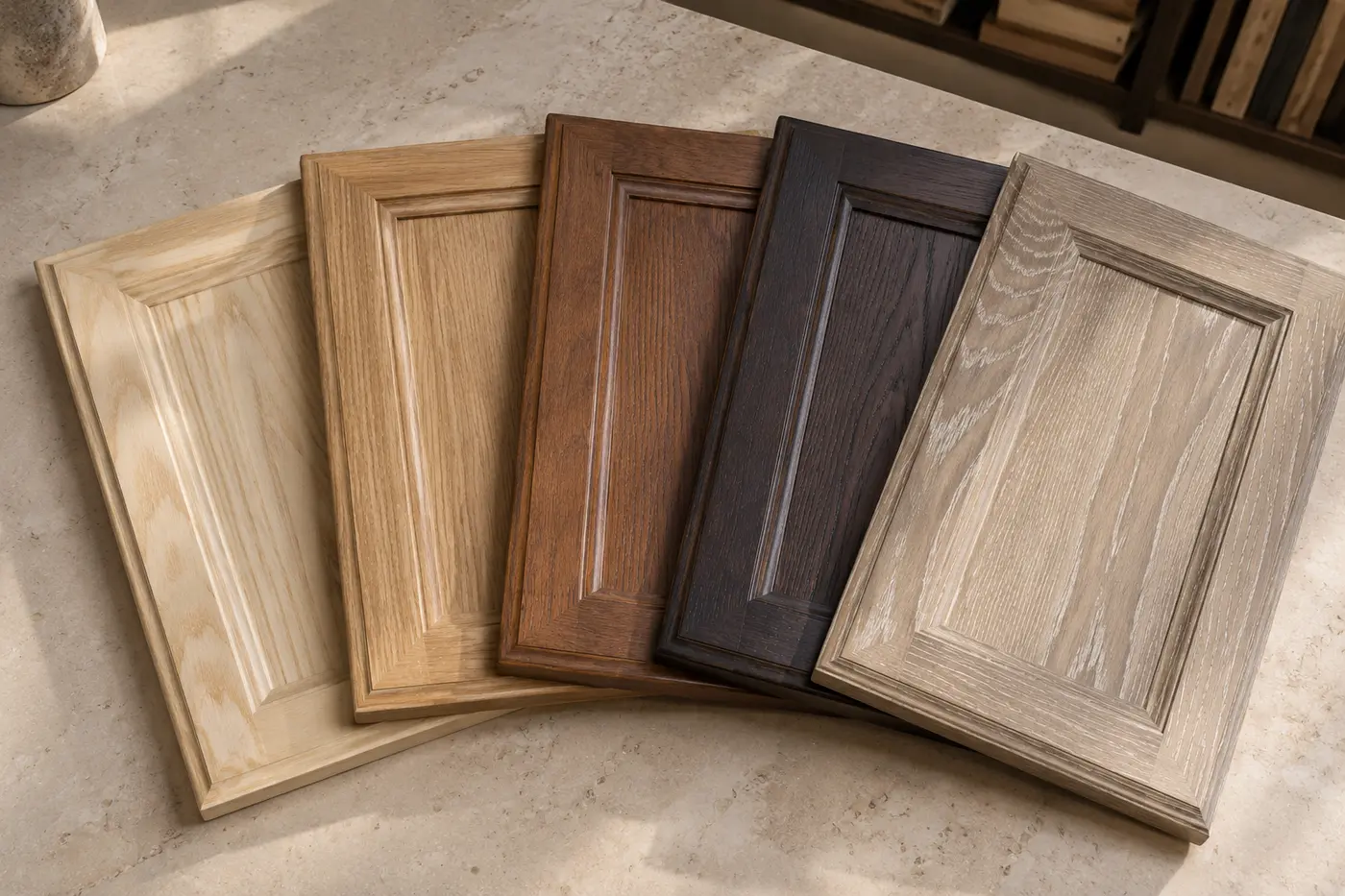 Natural, whitewashed, warm gray, and dark-stained ash cabinet finish samples