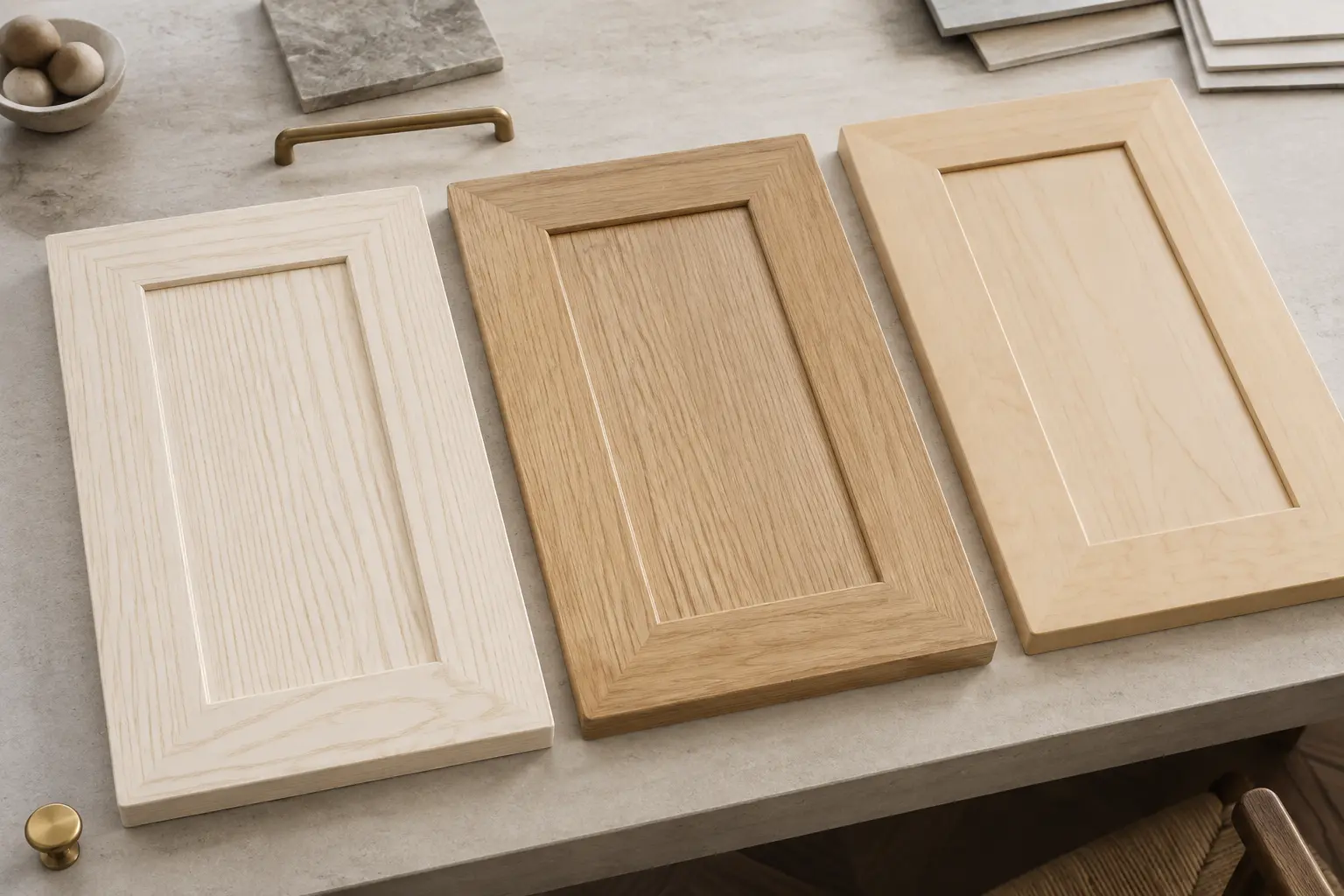 Ash, white oak, and maple cabinet door grain comparison