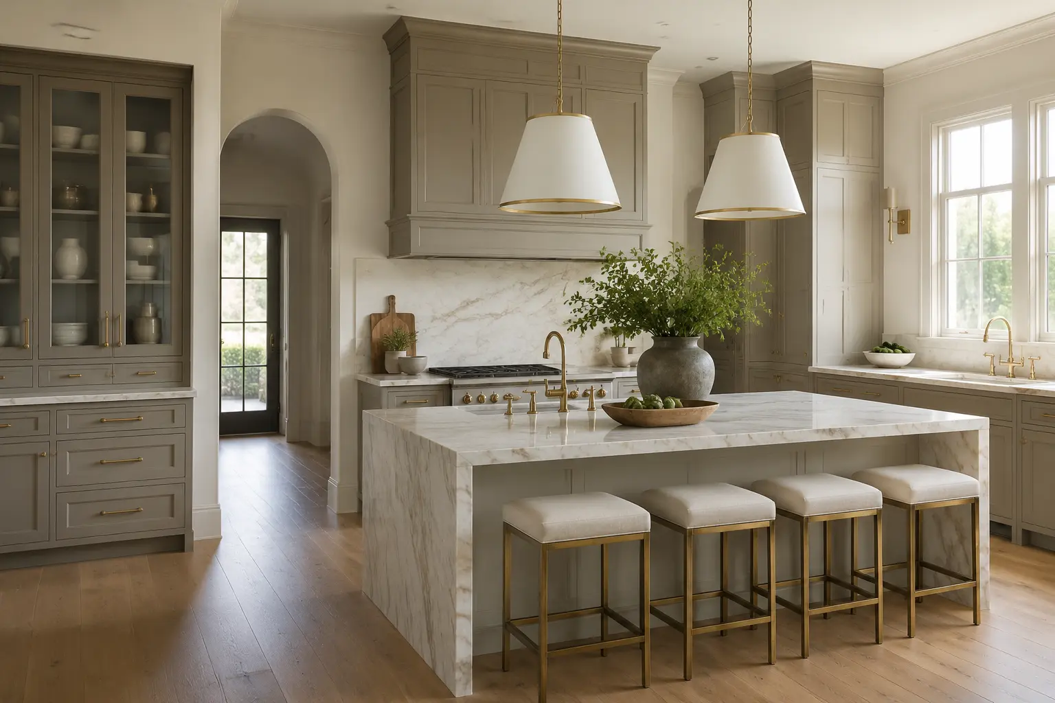 Warm white walls with warm gray kitchen cabinets and Taj Mahal quartzite island