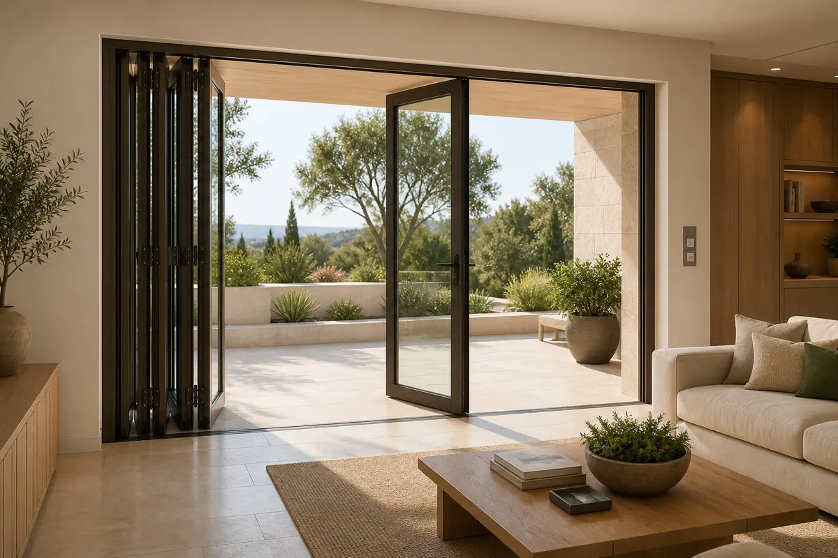Black bifold door panels stacked to one side with an everyday traffic leaf