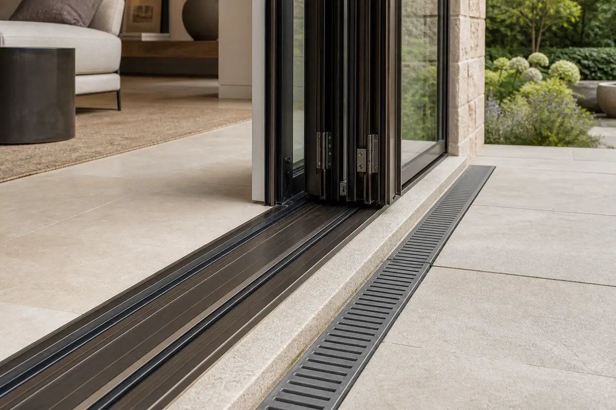 Bifold door threshold, track, and exterior drainage detail