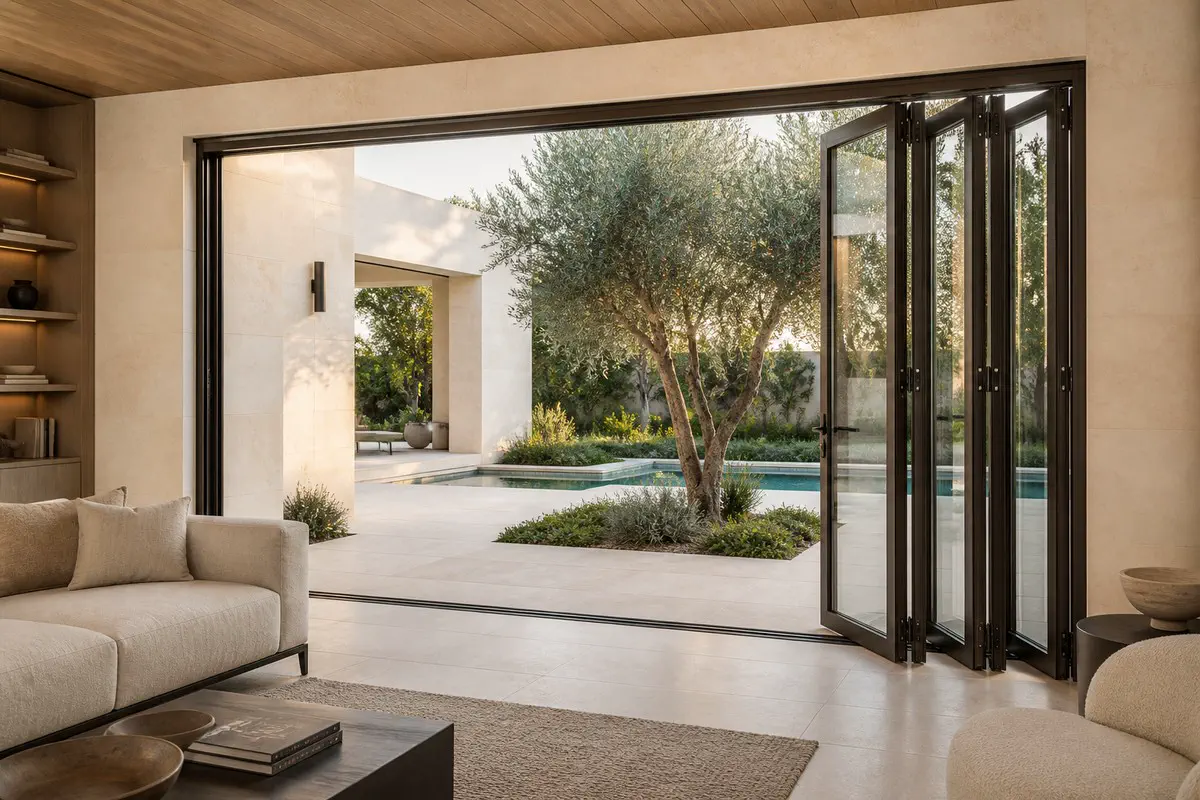 Large black bifold doors connecting a luxury living room to a pool terrace