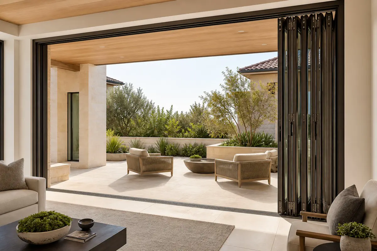 Wide bifold patio doors fully opened to an outdoor seating area