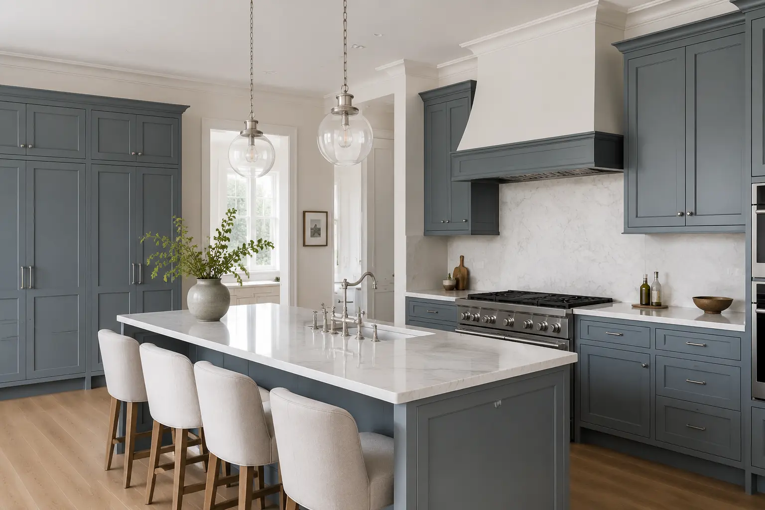 Blue-gray kitchen cabinets with warm white walls and pale marble countertops