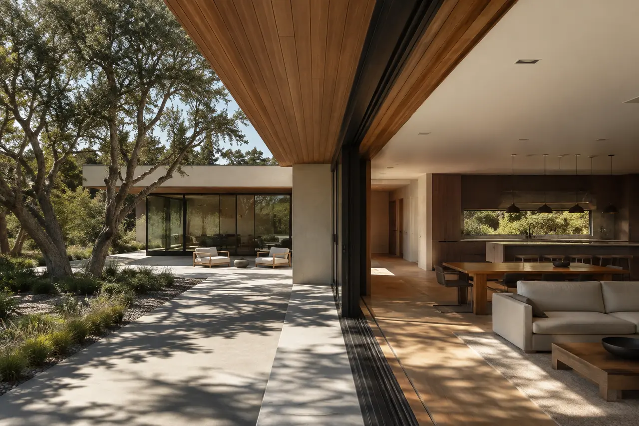 California modern home with shaded high-performance windows for Title 24 compliance